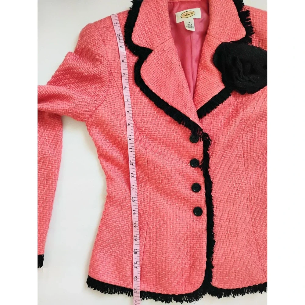Talbots Skirt Suit Women 4 Coral Black Tweed Fringe Rosette Blazer Pencil Skirt